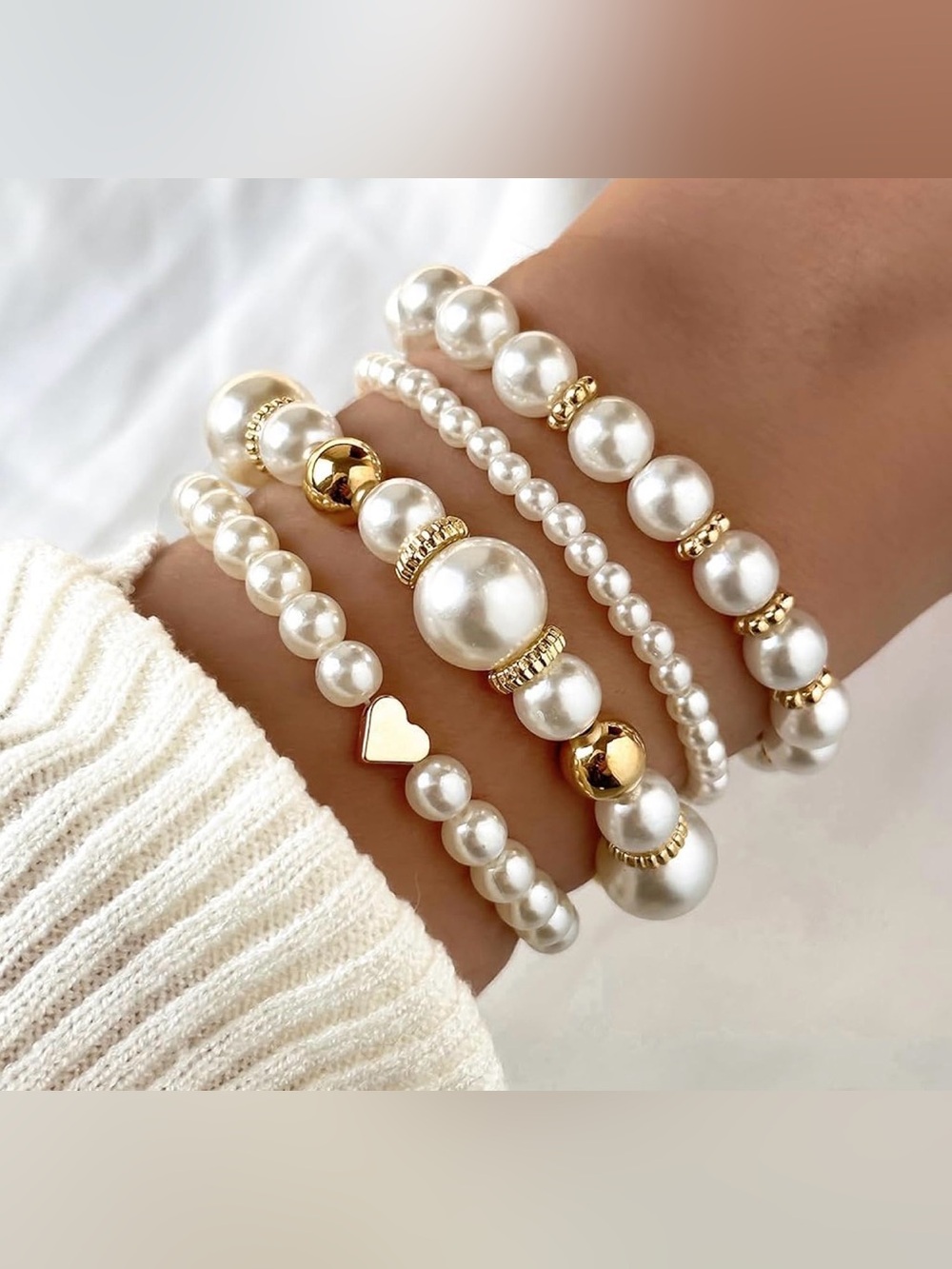 NEW Chunky Faux Pearl & Gold Bracelet Set - 4 Piece Stack - Romantic Boho - Picture 8 of 8